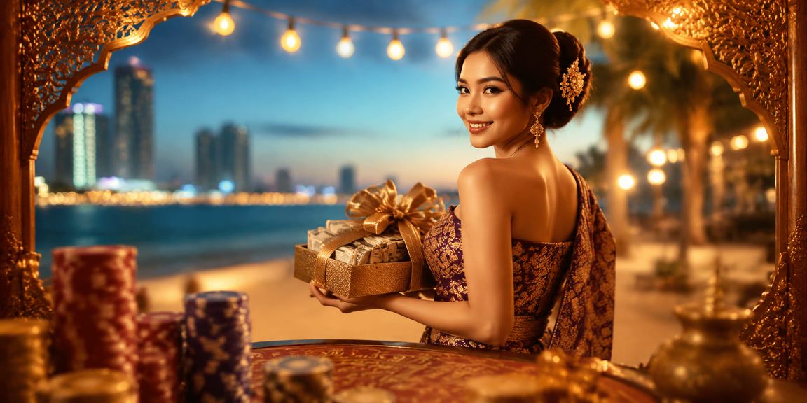 Pengguna menikmati bonus VIP lotre di tepi pantai dengan suasana matahari terbenam