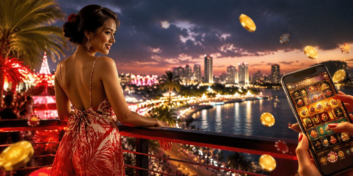 Pengguna bermain casino mobile di tepi pantai dengan suasana santai dan cerah
