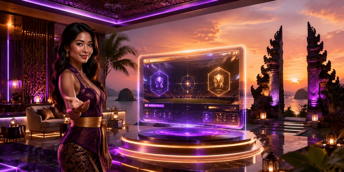 Suasana neon berwarna-warni di ruang permainan digital dengan pencahayaan dramatis malam hari